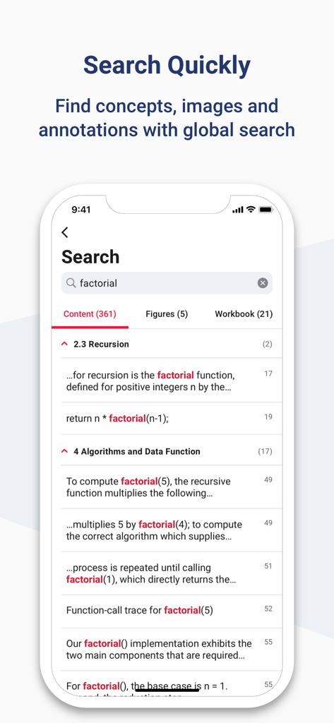 McGraw Hill Express Library - A screenshot of the McGraw Hill Express Library app showing the global search feature with results for the term factorial across digital textbooks
