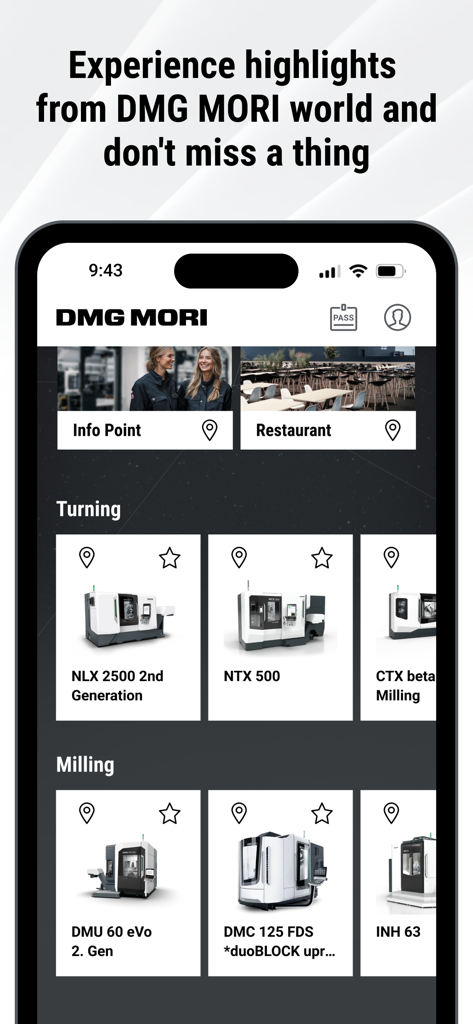 DMG MORI - DMG MORI 모바일 앱 인터페이스에 터닝 및 밀링 기계 카테고리와 이벤트 위치 하이라이트가 표시됩니다.