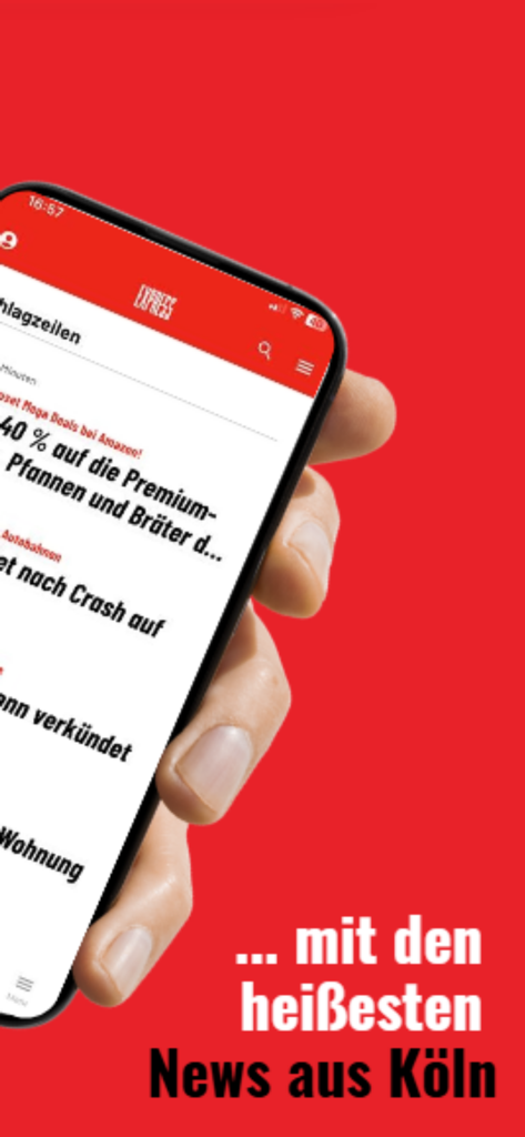 EXPRESS – Cologne News & Sport - A hand holding a smartphone displaying the EXPRESS news app with headlines from Cologne on a red background.