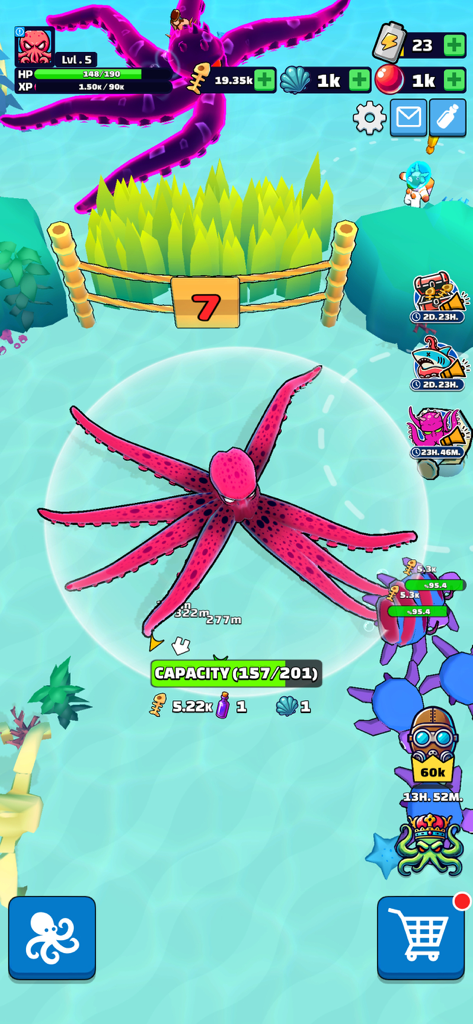 Octopus Feast - A large pink octopus swimming in a colorful underwater environment in the Octopus Feast mobile game