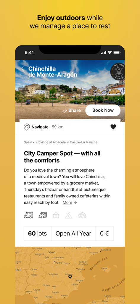 Camperguru — best spots - Detailed view of a city camper spot in Chinchilla Spain on the Camperguru app showing booking and navigation options