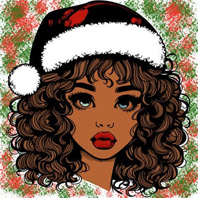 realistic girl with a santa hat curly hair and lips