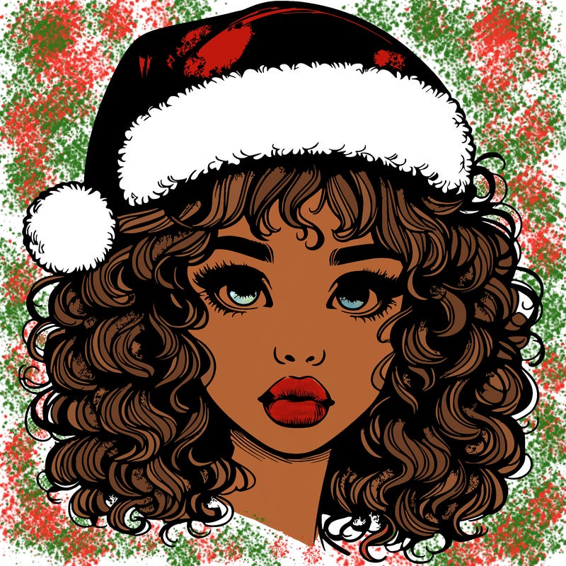 realistic girl with a santa hat curly hair and lips