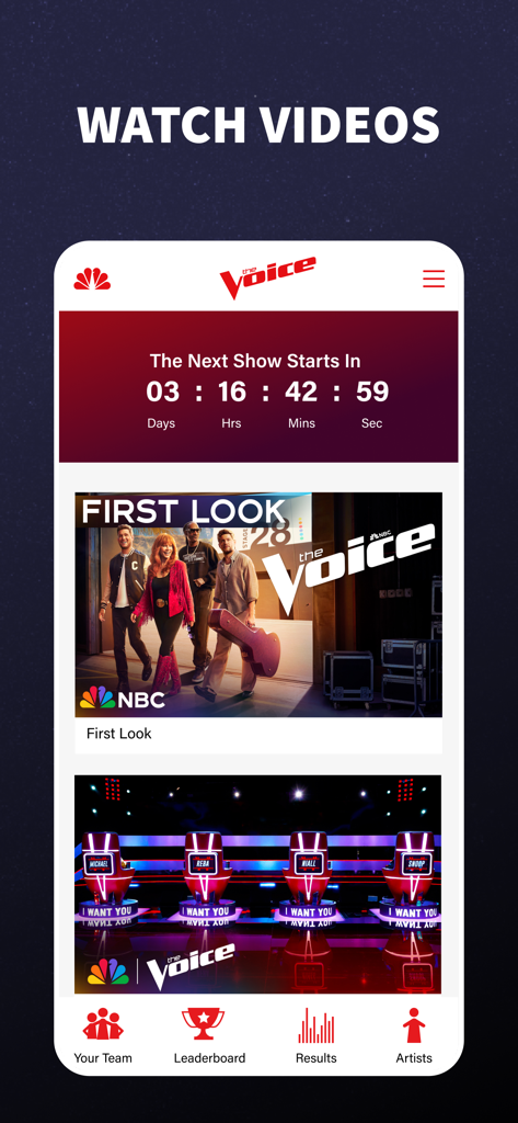 The Voice Official App on NBC - Captura de pantalla de The Voice Official App con una cuenta regresiva del show, clips de video y navegación para formar equipos y tablas de clasificación.