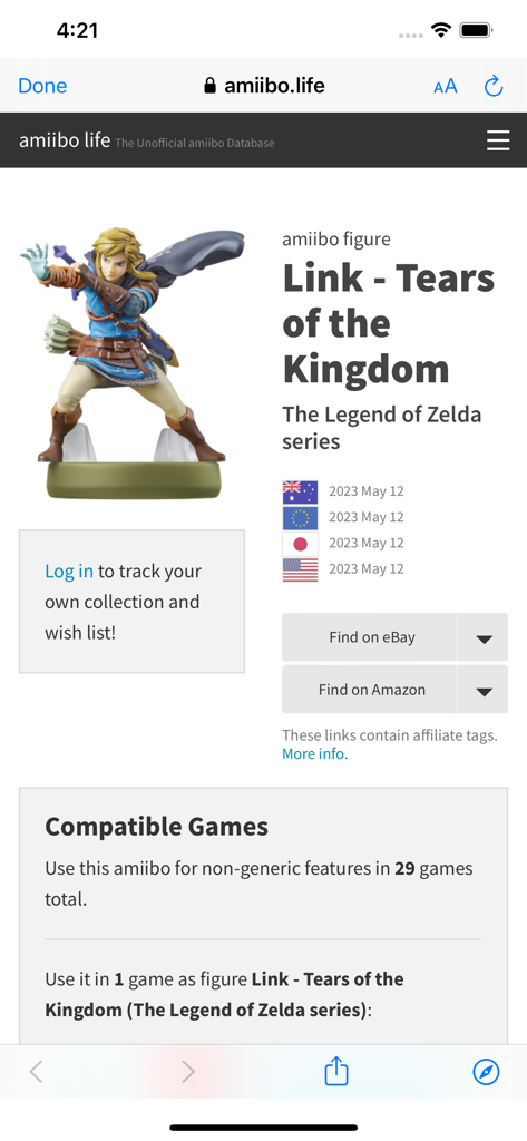 AmiiBoss - Details of the Link Tears of the Kingdom amiibo figure on the amiibo life website.