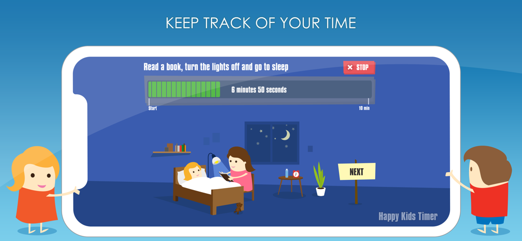 Un compte à rebours visuel dans l'application Happy Kids Timer montrant un enfant et un parent pendant une routine de lecture du soir.