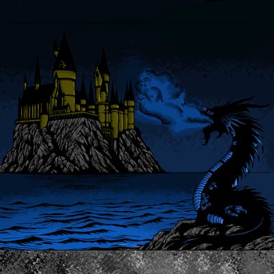 realistic harry potter castle around the ocean with a dragon breathing fire