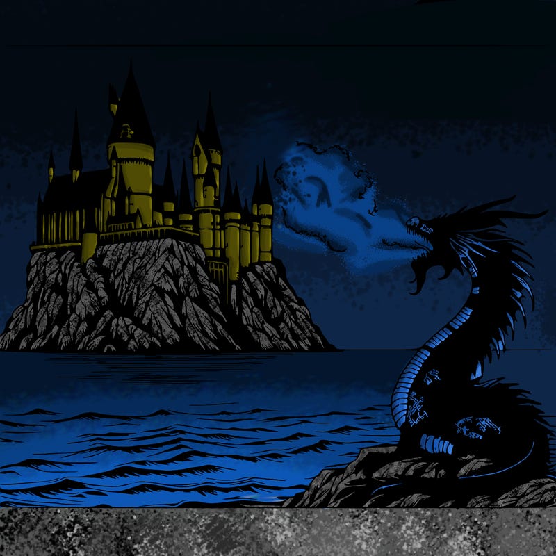 realistic harry potter castle around the ocean with a dragon breathing fire