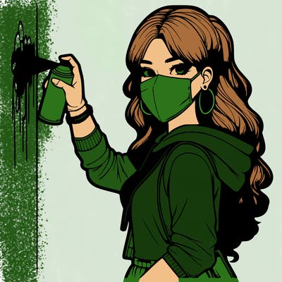 realistic girl with mask spray painting a wall
