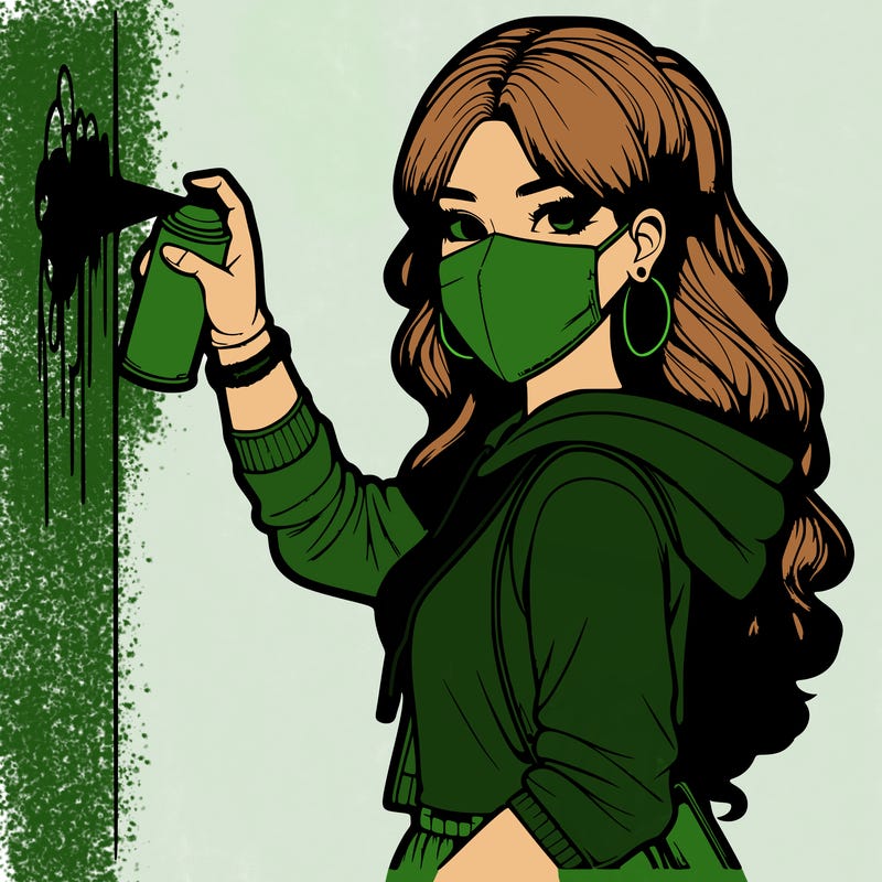 realistic girl with mask spray painting a wall