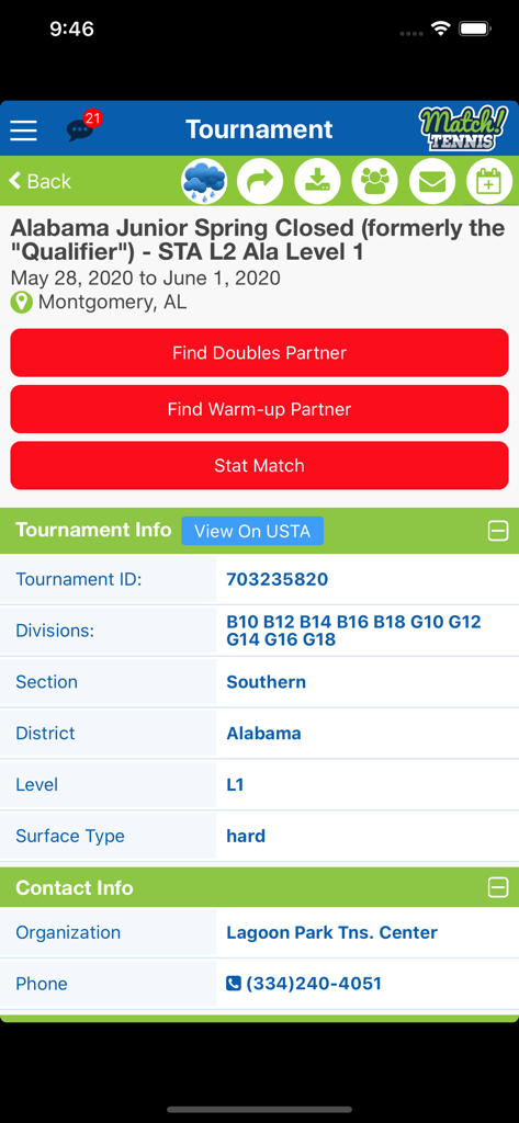 Match! Tennis App - Tournament details screen in Match Tennis App with partner search and event info