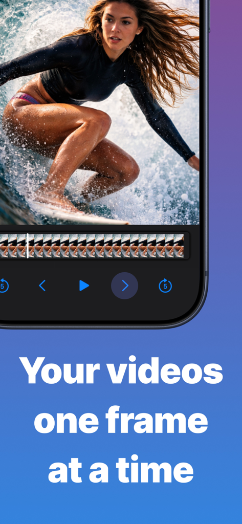 Grab HD Video Frames - VidGrab - A woman surfing shown in the VidGrab app with frame by frame video navigation controls.
