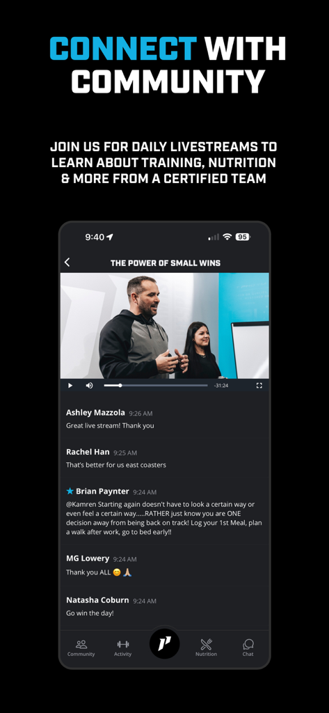 Pantalla de la aplicación 1st Phorm que muestra una transmisión en vivo de fitness y una sección de chat de la comunidad
