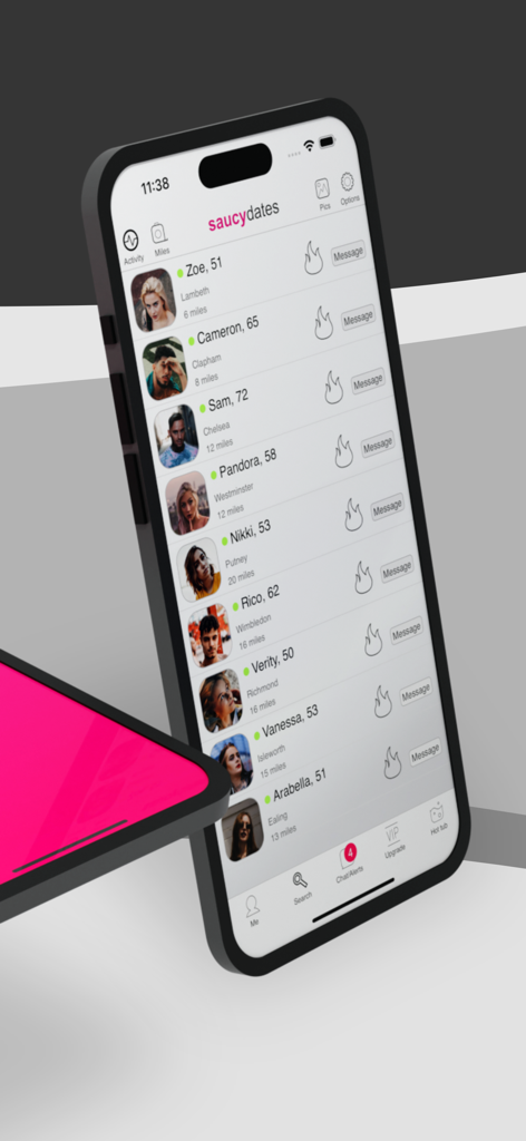 Saucydates: Dating App - Mobile interface of Saucydates showing a list of active dating profiles with ages and locations