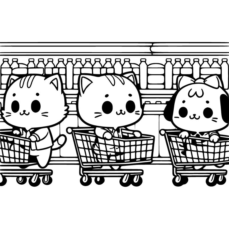 chibi cats and dogs walking on 2 legs pushing shopping carts down a super market aisle