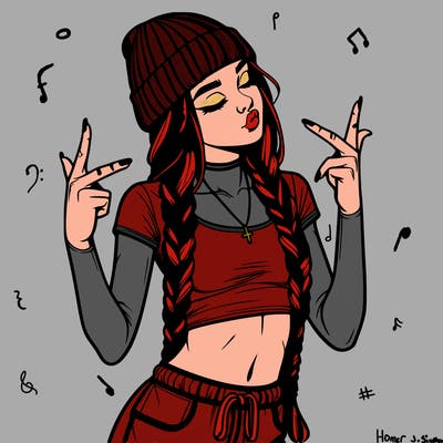 realistic teenage girl with braids and a beanie and crop top doing 🫶🏼
