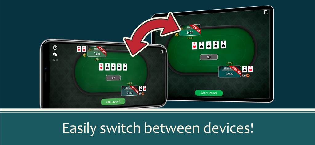 Poker Friends - Online Game - A poker game session shown on both an iPhone and an iPad with an arrow indicating easy device switching