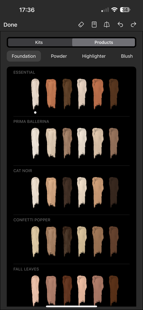 Interface of the Pret-a-Makeup app displaying a variety of realistic foundation swatches in different skin tones