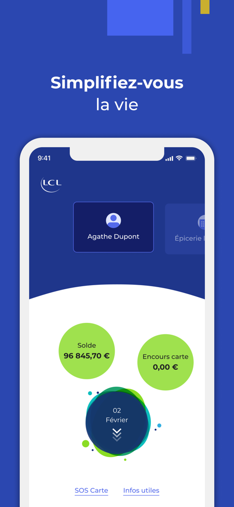 Mobile dashboard of LCL banking app showing account balance and card usage summary