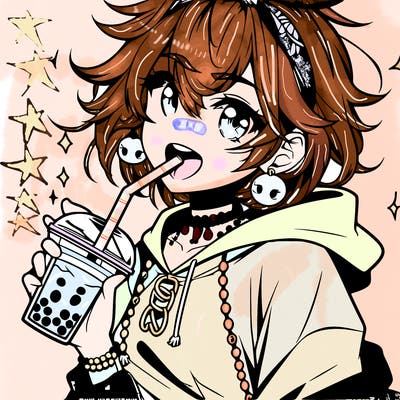hot baddie anime girl drinking boba and biting the straw