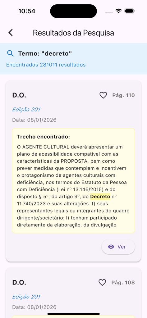 Search results screen in the Diario Oficial PCRJ app showing official decrees