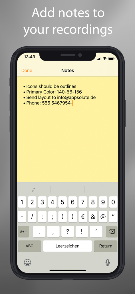 timeEdition - Time Tracking - iPhone screen displaying the notes feature in the timeEdition app with project details