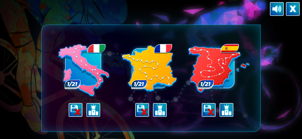 Cycle Sprint - Cycle Sprint level selection screen showing maps of Italy France and Spain for 63 total races