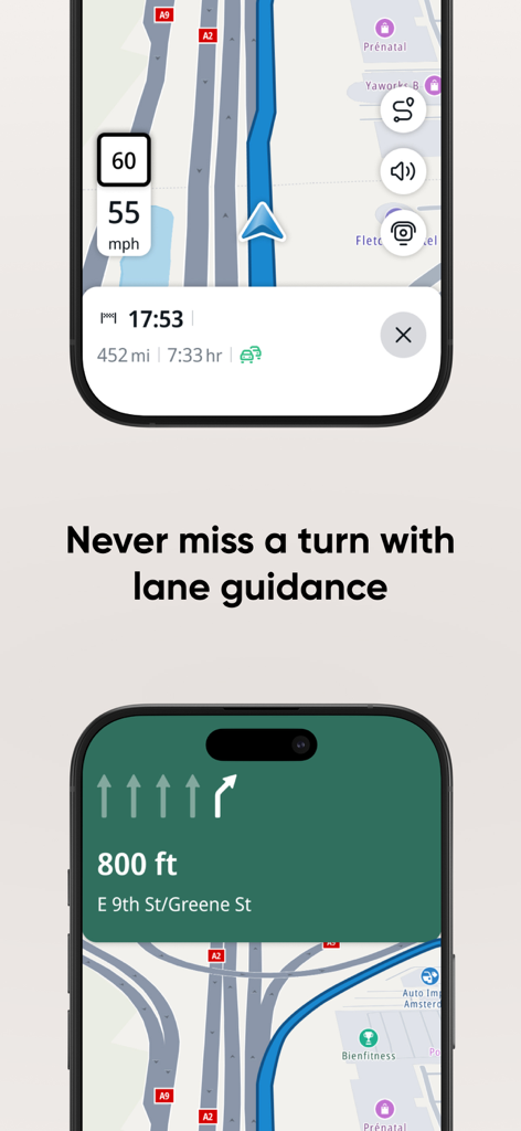 TomTom - Maps & Traffic - Smartphone display showing TomTom navigation app with lane guidance and speed limits.