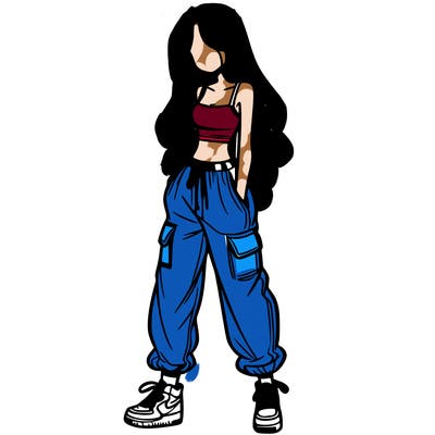 girl in baggy pants crop top and long hair