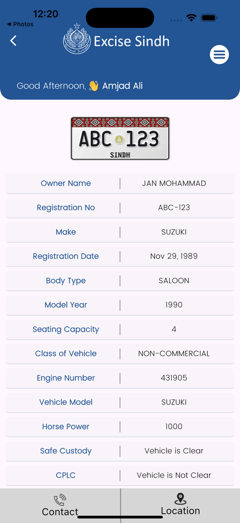 Excise Sindh - Excise Sindh app interface showing vehicle registration details and owner information