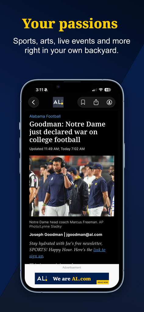 AL.com mobile app displaying a local Alabama college football sports news article.