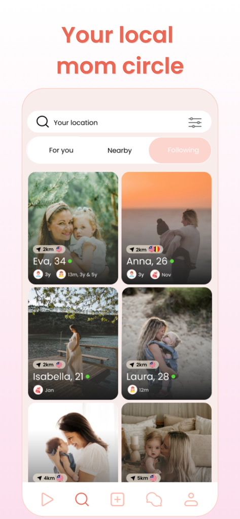MamaMeet: Find Mom Friends - MamaMeet app interface showing profiles of local mothers to connect with nearby