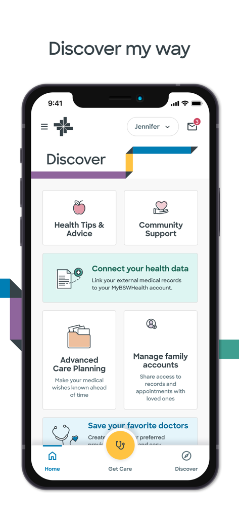 Screenshot of the MyBSWHealth app Discover tab featuring health tips, community support, and family account management options.