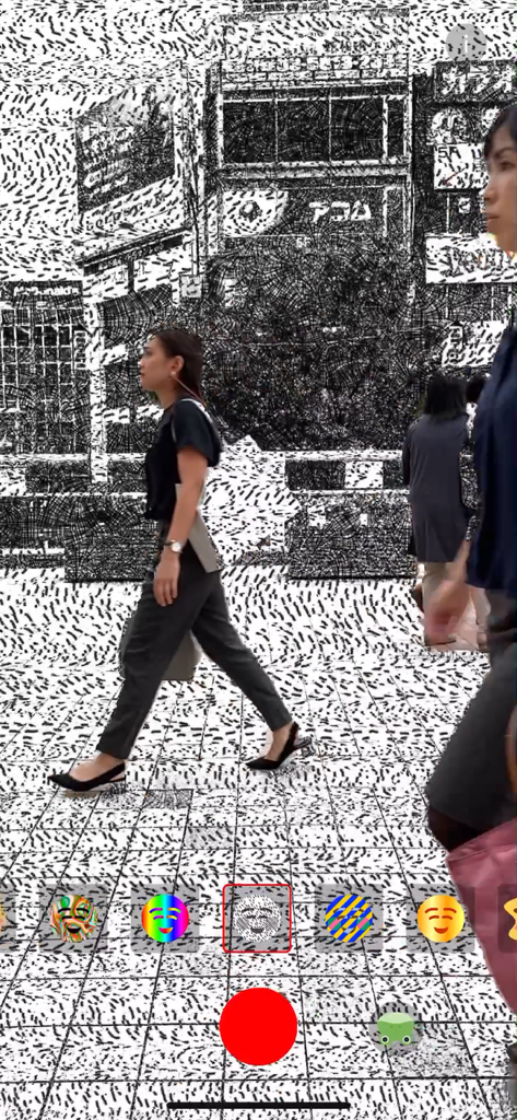 MEISAI - AR Filter - A person walking in a city with a black and white sketch AR filter applied to the background and silhouette using the MEISAI app.