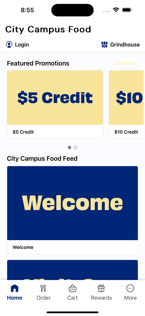 City Campus Food - La pantalla de inicio de la aplicación móvil City Campus Food que muestra promociones de crédito destacadas y el menú de navegación principal