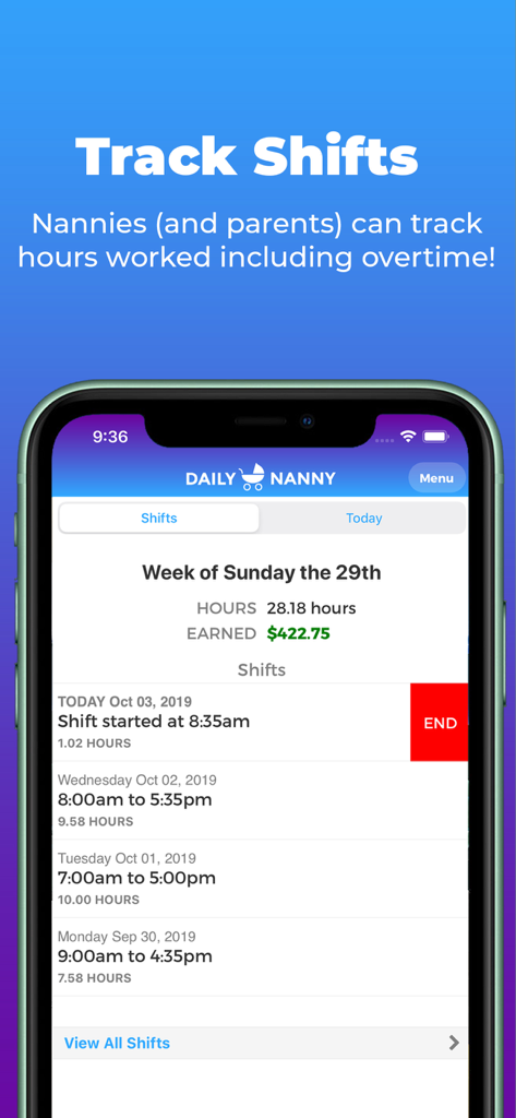 Daily Nanny - Interface of Daily Nanny app tracking work hours and weekly earnings for caregivers