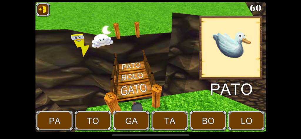 Cuca - クカアプリの教育的な読み書きゲーム画面。単語「パト」の音節構築タスクが表示されています。