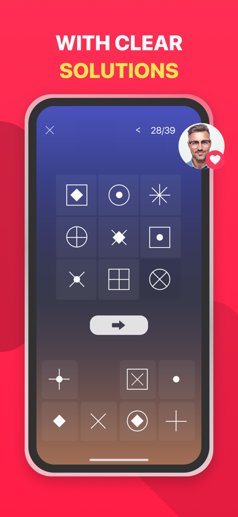 IQ Test: Fun Intelligence Quiz - Smartphone screen showing a pattern-matching logic puzzle with a clear solutions header in an IQ test app