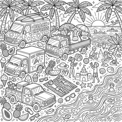 Get ready for a sun-soaked coloring adventure with this unique summer beach scene! It features a variety of commercial vehicles, from ice cream trucks to surf vans, all enjoying a vibrant day by the ocean.