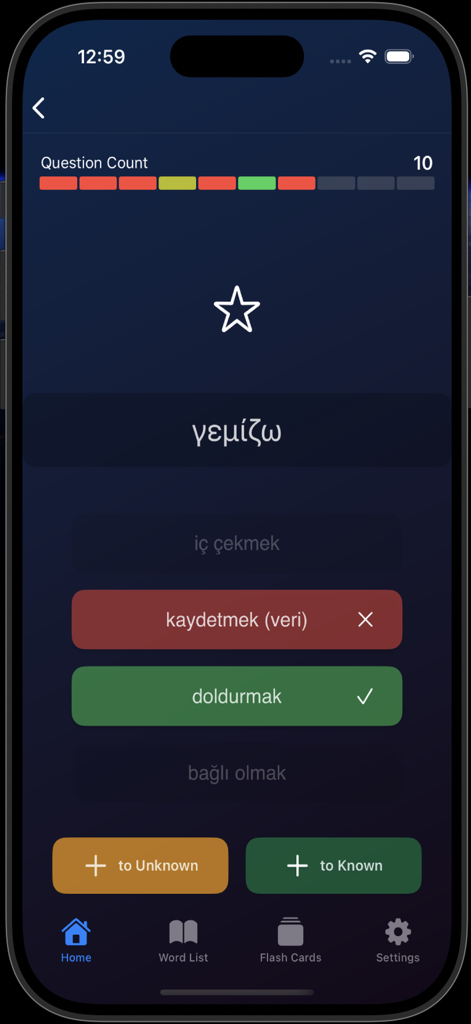 Luna Greek Turkish Verbs Test - Interfaz de la aplicación Luna Griego Turco Verbos Test mostrando un verbo griego y opciones de respuesta múltiple en turco