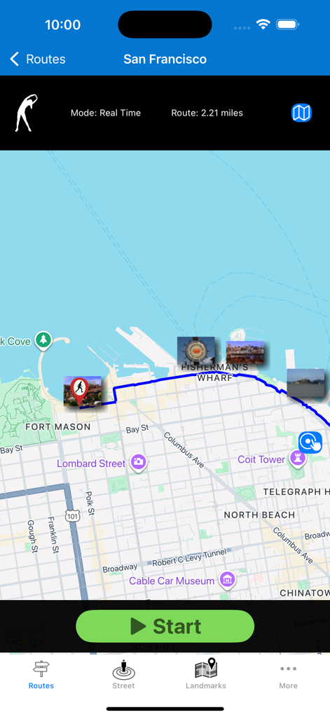 Remote Walk: Virtual Walking - Map of a virtual walking route in San Francisco showing landmark pins and a start button