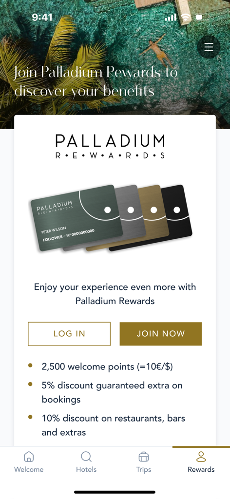 Palladium Hotel Group - L'interface de Palladium Rewards affiche les niveaux d'adhésion et les avantages fidélité tels que les points de bienvenue et les réductions.