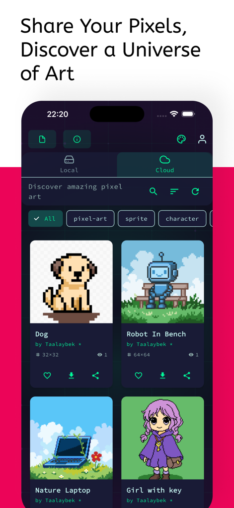 Picell - Pixel Art Editor - Screenshot of the Picell app cloud gallery showing community created pixel art including a dog and a robot