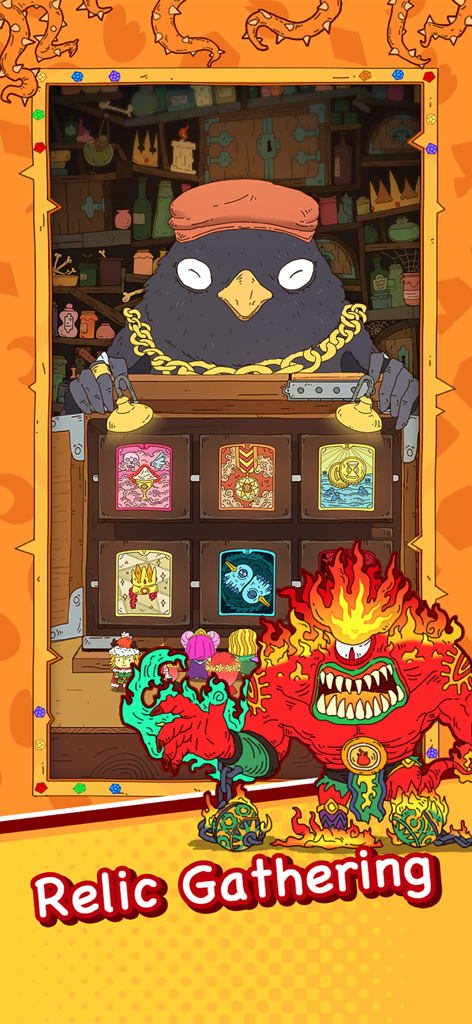 Dicey Elementalist - A bird merchant character in a beret presenting relic cards to a fiery monster in the game Dicey Elementalist