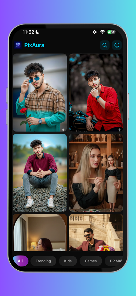 PixAura app interface showing AI generated images and prompt categories