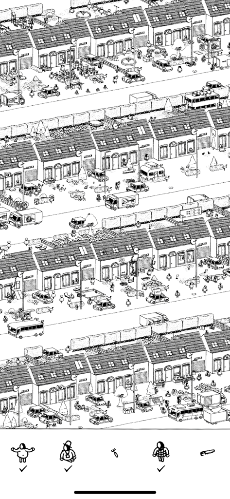 Hidden Folks - A hand drawn black and white suburban neighborhood landscape with miniature houses and cars from Hidden Folks