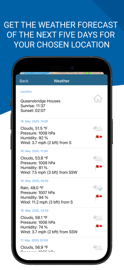 NavShip app showing five-day marine weather forecast with wind and temperature for boaters