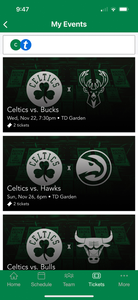 Boston Celtics - Boston Celtics mobile app My Events screen displaying digital tickets for upcoming basketball games at TD Garden.