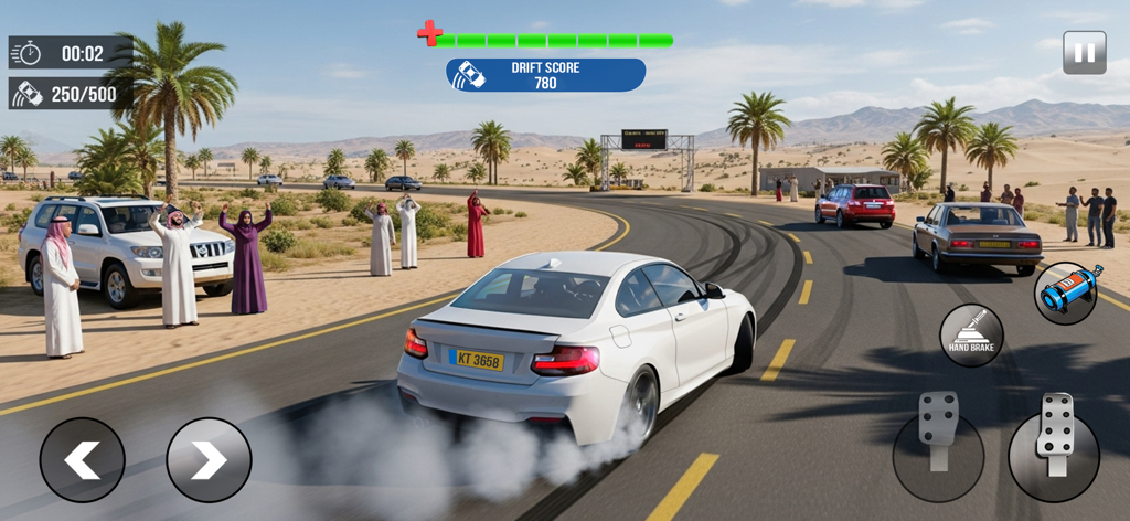 Extreme Car Drift Simulator 3D - Captura de tela da jogabilidade de um carro branco fazendo drift em uma estrada desértica com fumaça de pneu e espectadores.