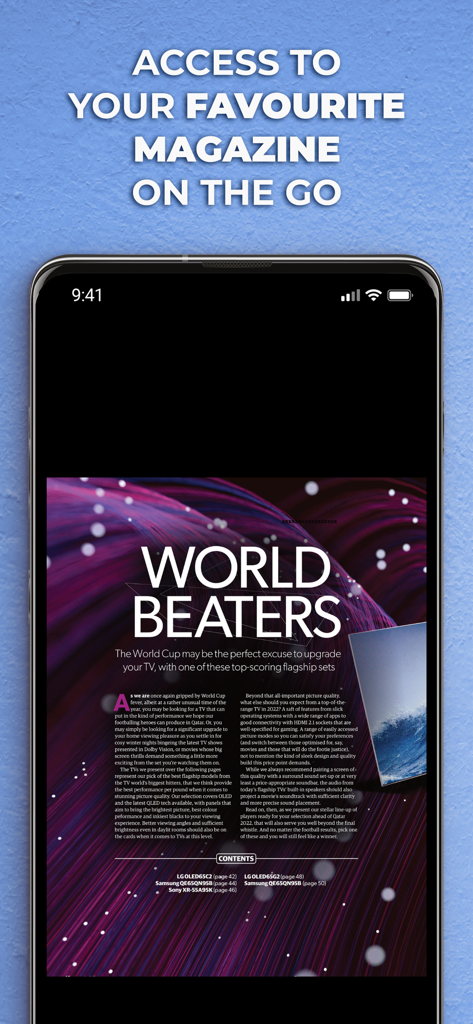 Un smartphone muestra un artículo de revista digital de la aplicación What Hi-Fi titulado World Beaters